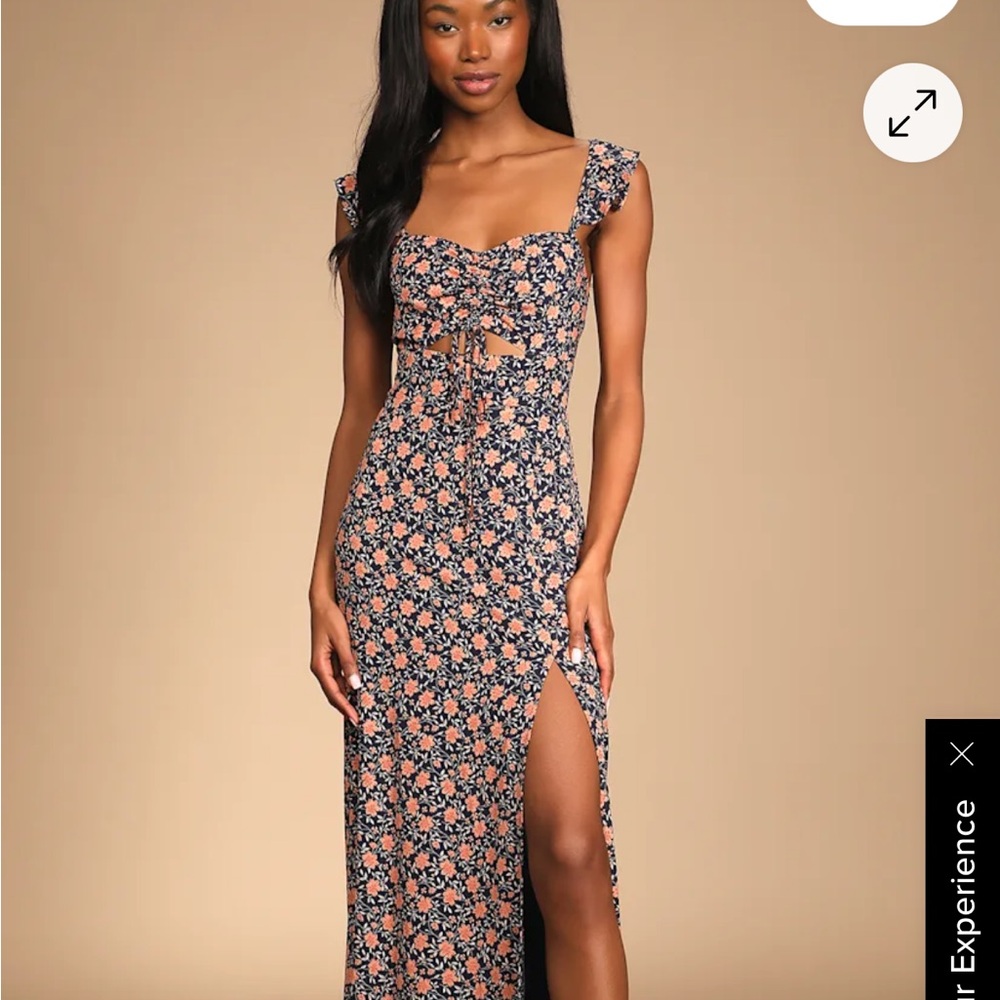 Lulu's Navy Floral Tie-Front Maxi Dress with Coral Accents